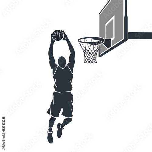 Silhouette of a basketball player dunking a ball in a hoop during a game