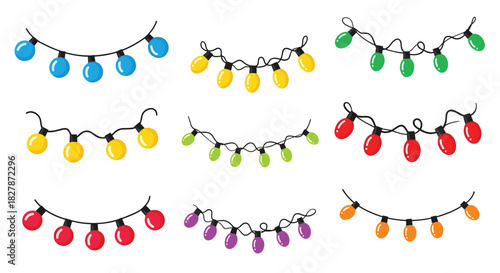Collection of colorful cartoon Christmas light garlands in various bright colors for holiday decorations and festive winter designs.