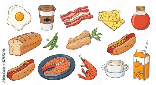 Big collection of various cartoon food and drink items for breakfast and lunch including eggs bacon coffee and orange juice.