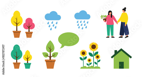 Set of simple flat design icons related to nature environment and eco-friendly living with trees people and a green house.