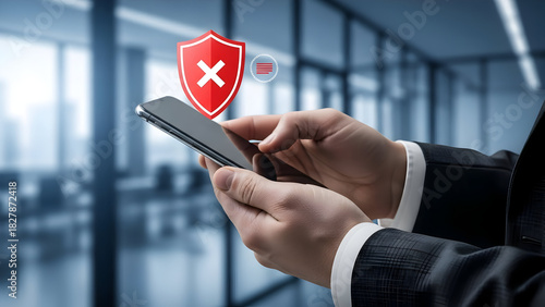 Hands use phone with error shield in modern office, presenting cybersecurity risks and need for secure tech solutions for data protection and privacy in digital age