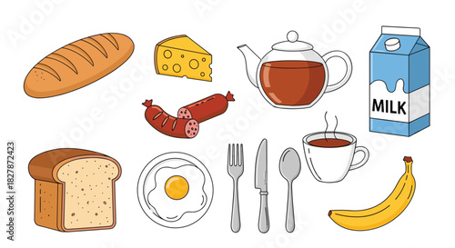 Collection of classic breakfast food and drink items in a simple cartoon doodle style including eggs bread tea and milk vector.