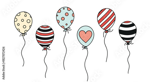 Set of six festive hand-drawn balloons with different patterns like stripes dots and a heart for party and celebration decor.