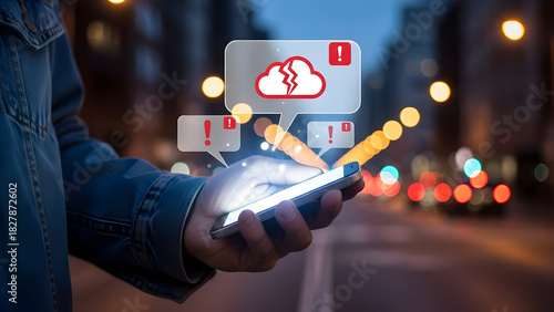 Experience the frustration of cloud data failure as alerts pop up on a mobile phone, capturing modern digital disruption and the urgent need for reliable data security