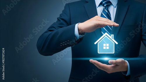 Professional offers security with a digital house icon representing real estate investment and family home protection, showcasing trust and assurance in a modern way