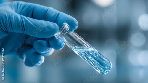 A gloved hand holding a test tube filled with a clear blue liquid in a laboratory setting
