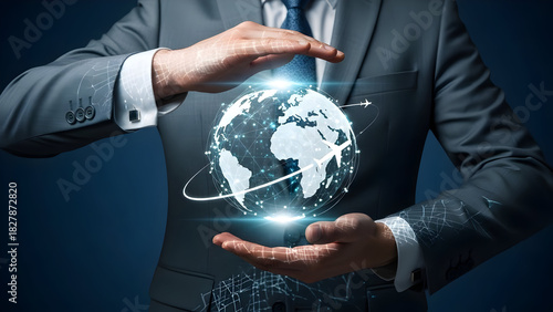 Dynamic global business concept showing a businessman protecting the world with digital connections and airplanes for travel and trade in a modern and innovative way