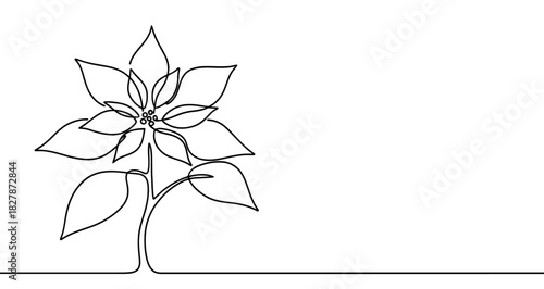 Poinsettia icon. Black Christmas star flower on a stem, written in one continuous line. Vector illustration of a winter flower