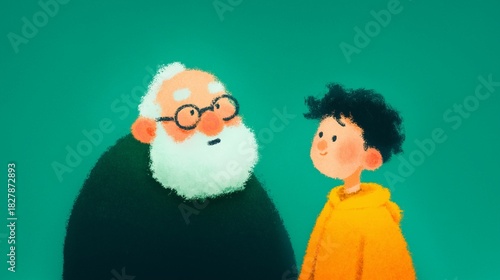 Cute illustration of a senior man with a white beard looking at a young boy in a yellow hoodie. Concept of intergenerational bonding and family communication.