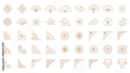 Collection of traditional East Asian line art icons featuring fans, flowers, clouds, and geometric patterns for design elements.