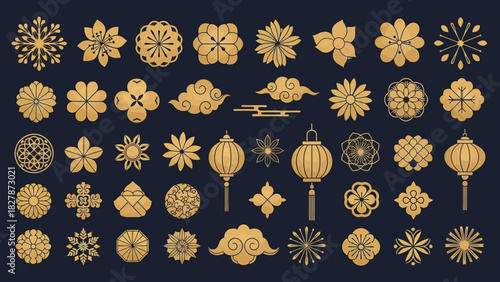 Collection of golden traditional Asian decorative elements including flowers, clouds, and lanterns on a dark background, showcasing intricate patterns.