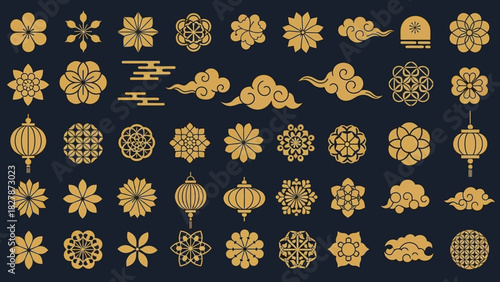 A collection of golden traditional Asian floral patterns, clouds, and lanterns on a dark blue background.