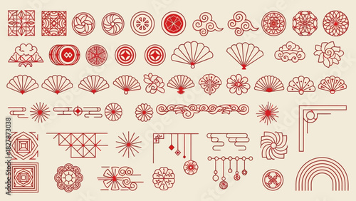 A collection of traditional red line art Asian decorative elements, including fans, clouds, flowers, and geometric patterns on a beige background.