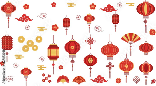 Collection of traditional Chinese New Year decorations including red lanterns, fans, knots, coins, and plum blossoms on a white background.