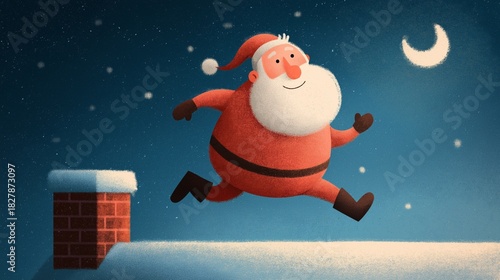 Funny illustration of Santa Claus running across a snowy roof at night to deliver presents. Whimsical winter scene with a chimney and moon in the blue sky.