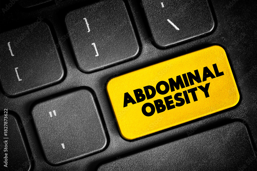 Naklejka premium Abdominal Obesity is a condition when excessive visceral fat around the stomach and abdomen has built up to the extent that it is likely to have a negative impact on health, text button on keyboard
