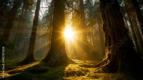Golden sunlight streaming through tall forest trees creating radiant morning atmosphere with mossy ground, deep shadows, and tranquil woodland scenery
