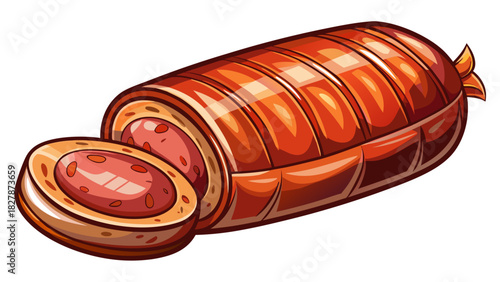 Very beautiful semi-realistic vector illustration of a boiled pork sausage, featuring smooth, plump texture and subtle color variations, isolated on a clean white background for culinary or food-theme