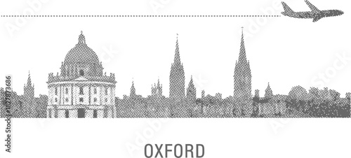 Oxford City Skyline Travel Halftone Illustration with Airplane