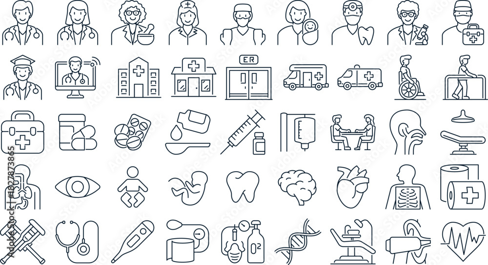Naklejka premium Healthcare and medical profession line icons set