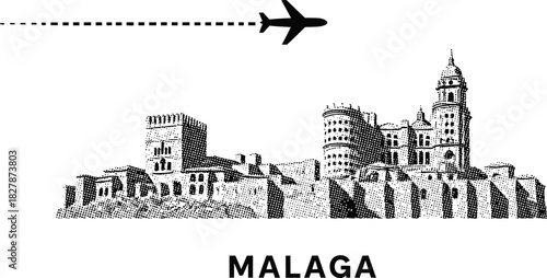Malaga Spain Travel Halftone Silhouette with Airplane