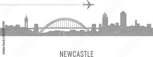 Newcastle City Skyline Halftone Dot Design with Airplane