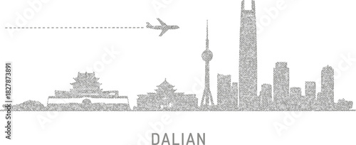 Dalian China Skyline Mosaic Dot Style with Airplane