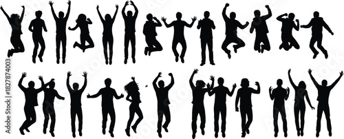 Black silhouettes of diverse people jumping and celebrating with arms raised against a white background