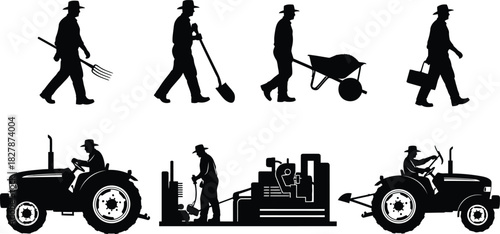 Black silhouettes of farmers with tools and agricultural machinery on white background