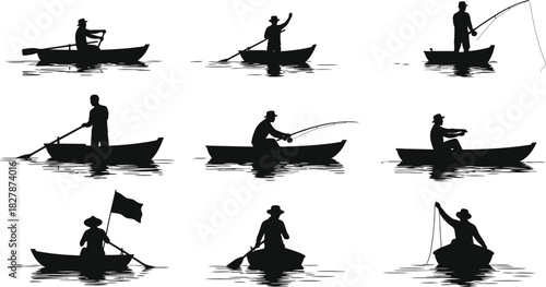 Black silhouettes of fishermen in boats on water with reflections on white background fishing