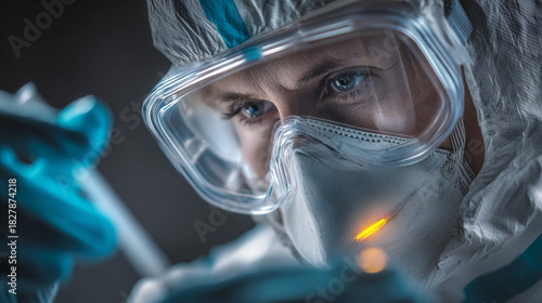 Close up of a person wearing protective gear including goggles and a mask in a lab setting