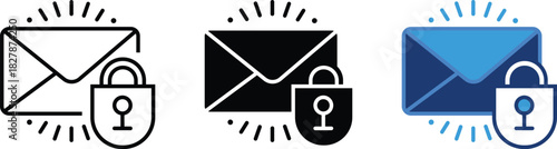 Envelopes symbol with a shield and padlock overlay represents cybersecurity, private messaging, and secure mail