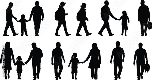 Collection of silhouettes of people walking with children on a white background family
