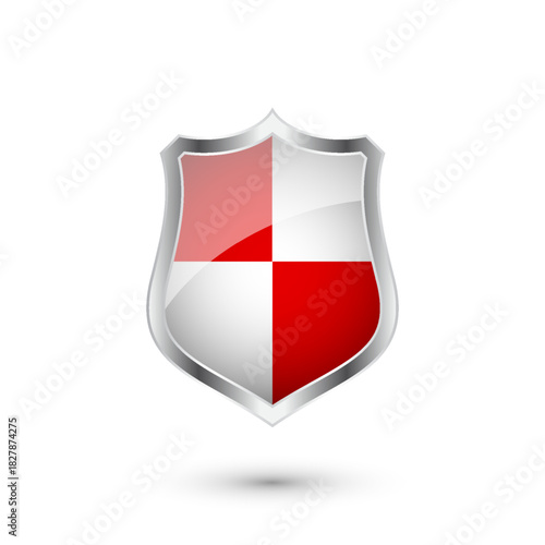 Glossy shield with red and black pattern. Security and protection concept. Cyber safety icons, internet privacy, web defense, digital data protection and antivirus themes. Vector illustration