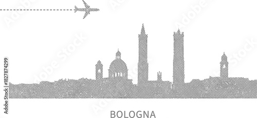 Bologna Italy Skyline Silhouette with Halftone Airplane Route