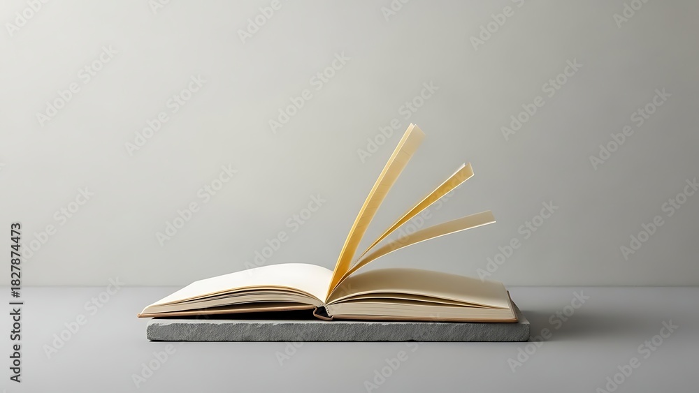 Obraz premium Open book on a gray surface, pages turning.