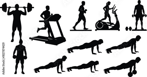 Fitness Silhouettes Demonstrating Weightlifting and Cardio Exercises people workout