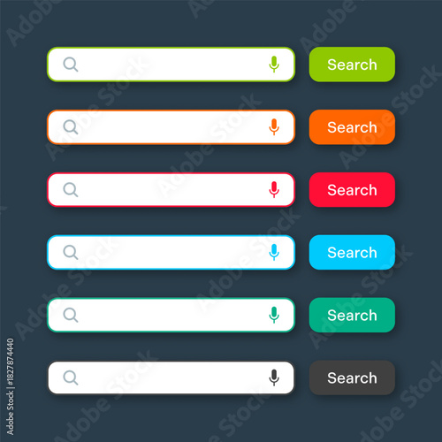 Various search bar templates. Internet browser engine with search box, address bar and text field. UI design, website interface element with web icons and push button. Vector illustration