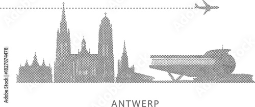 Antwerp Belgium Dotted City Skyline with Airplane Route