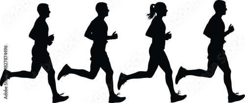 Four Black Silhouettes of Runners in Mid Stride on a White Background running jogging