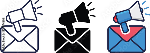 Envelopes mail symbol with a megaphone overlay represents email campaigns newsletters and marketing automation 