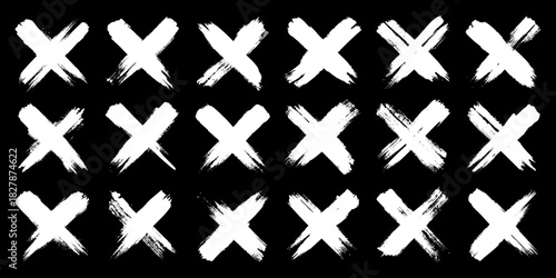 Grunge crosses, brush strokes, x mark, lines, ink smudges, hand-drawn scribble shapes. Handmade sketchy marks, acrylic stains, charcoal streaks. Paint textures, dry brush effect. Vector illustration