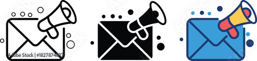 Envelopes mail symbol with a megaphone overlay represents email campaigns newsletters and marketing automation