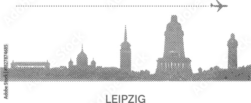 Leipzig Germany Skyline Travel Illustration with Halftone Effect and Airplane