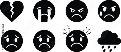 Set of Black Icons Representing Negative Emotions and Sadness feeling symbol