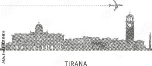Tirana Albania City Skyline with Airplane Route Grunge Vector