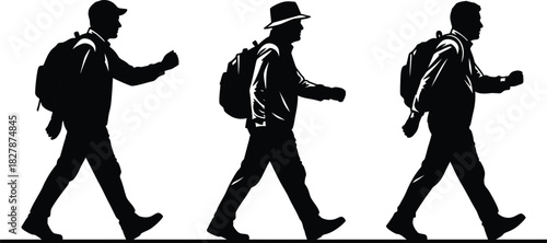 Silhouette of Three Men Walking with Backpacks on White Background Keywords: walking, men, silhouettes, backpacks, travel, hiking, journey