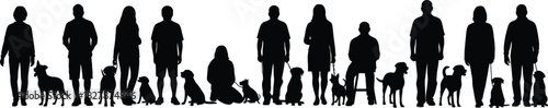 Silhouette of people and dogs of various sizes and poses on a white background Keywords: people, dogs, silhouette, group, family, pets