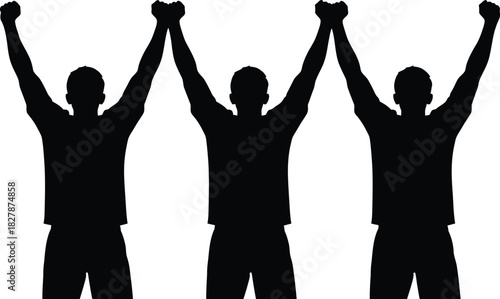 Silhouette of three men with raised arms in celebration on a white background victory success