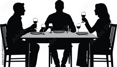 Silhouette of three people dining at a table with wine glasses on a white background dinner